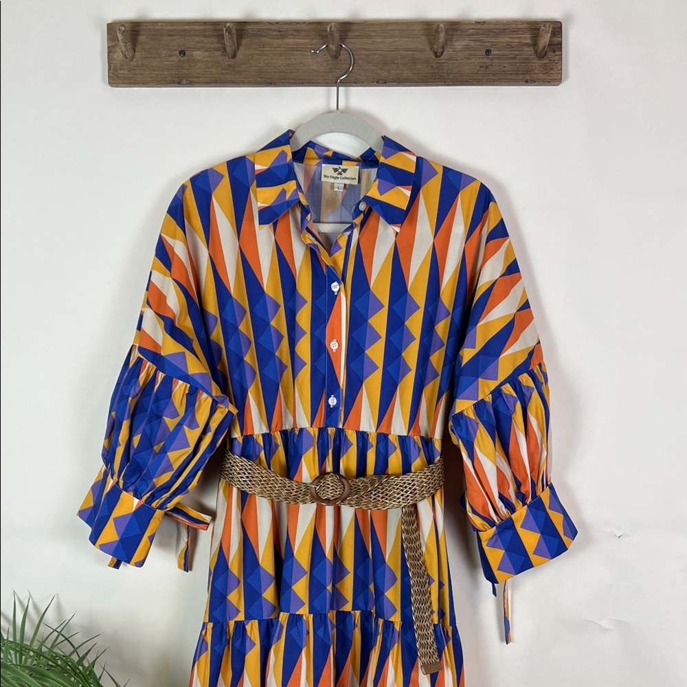 NWOT Sky Eagle Collection Native American Geometric Shirt Dress Belted Large - Picture 3 of 15